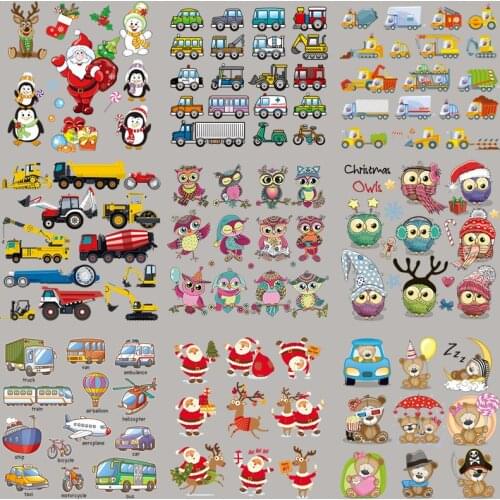 Christmas Pattern Set Diy Patch Sticker On Clothes Iron Diy Heat Transfer Vinyl Appliqued Thermal Transfers Cartoon Owls Cars