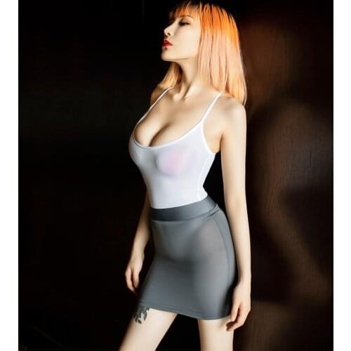 Sexy Bodycon Ice Silk Secretary Fancy Smooth Bodysuit See Through Leotard Mini Skirt Sets Nightclub Party Transparent Costume