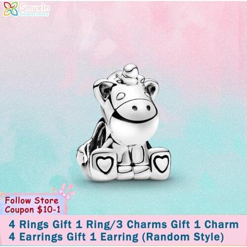 Smuxin 925 Sterling Silver Beads Bruno the Unicorn Charms fit Original Pandora Bracelets for Women Jewelry Making Birthday Gift