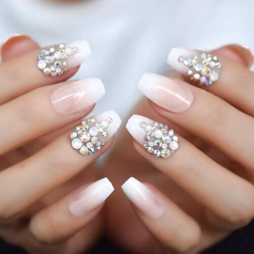 Rhinestones Coffin Nails Medium Nude Gradient False Nails 3D Crystal Designed Decoration Nail Handmade 24pcs