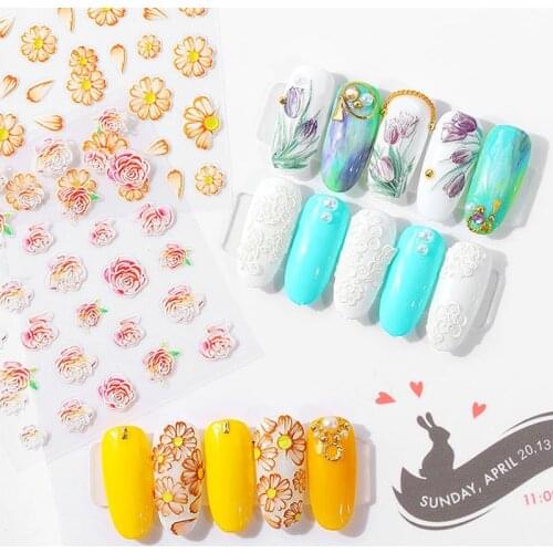 TIANMI 5D Nail Art Sticker Relief Water Decals 20 Colors Nail Tips Decoration Water Transfer Butterfly Leaf Flower Nail Sticker