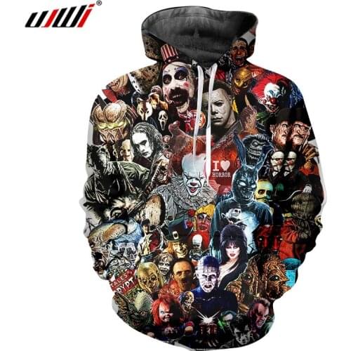 UJWI Man Hoodies Horror Mask Hoody Mens 3D Harajuku Oversized Pullover Printed Cartoon Fitness Clothing