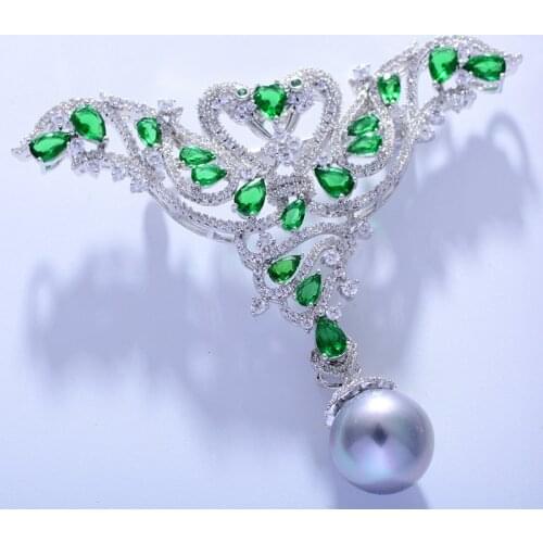 Gorgeous Cubic Zirconia Double Swan Women Brooches Elegant Green Crystal Rhinestone Pearl Brooch Animal Pin Female Jewelry Broch
