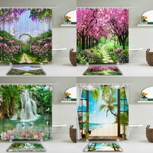 Nature Rural Garden Scenery Bathroom Waterproof Shower Curtains Set Toilet Non-slip Bath Mat Rug Fabric Flowers Shower Curtain