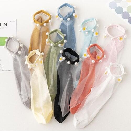 Pearl Socks Women Short Sock Stockings Summer Thin Crystal Socks Shallow Mouth Boat Socks Transparent Cotton Socks Small Daisies