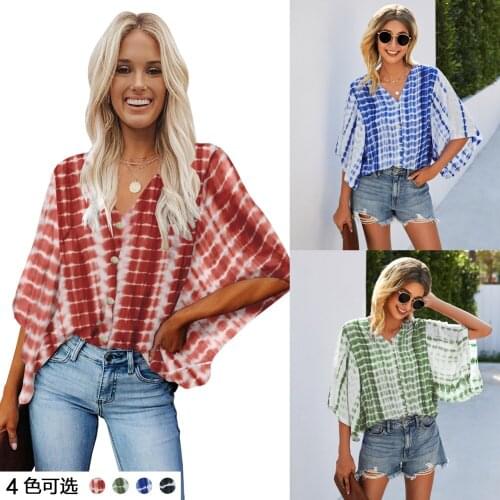 T Shirt Women 2021 New Arrival Summer Style Fashion tie-dye v-neck Button Loose Woman Tshirt Dropshipping ONYSY211S3141
