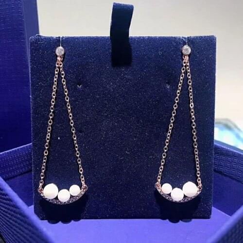 Brand 1:1 Elegant Temperament Pearl Meniscus Tassel Smiley Face Crystal Long Earrings Beautiful Lady Silver Jewelry