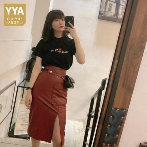 Women Real Leather Mid Skirts Autumn Winter Slim High Waist Front Split Wrap Skirt Fashion Elegant Ladies Wine Red Skirts S-XL