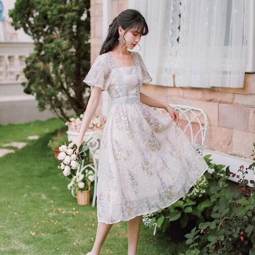 Sweet Floral Fairy Dress Women Summer 2021 New French Retro Square Collar Chic Flare Sleeve Lace Hollow Elegant Gentle Vestido