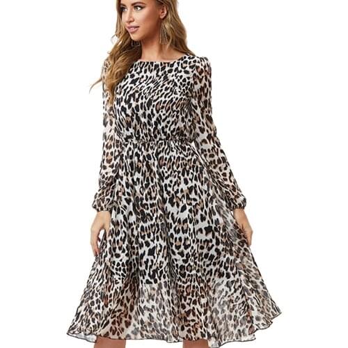 2021 Spring Autumn Fashion Women Long Leopard Dress Print Slim Fit Long Sleeve O Neck A-Line Dresses Elegant Vestidos Mujer New
