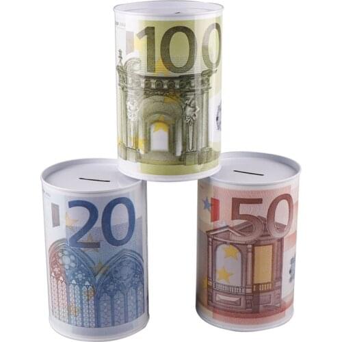 1Pcs Tinplate Cylinder Piggy Bank Euro Dollar Box Household Saving Money Box Home Decoration Money Boxes Randomly