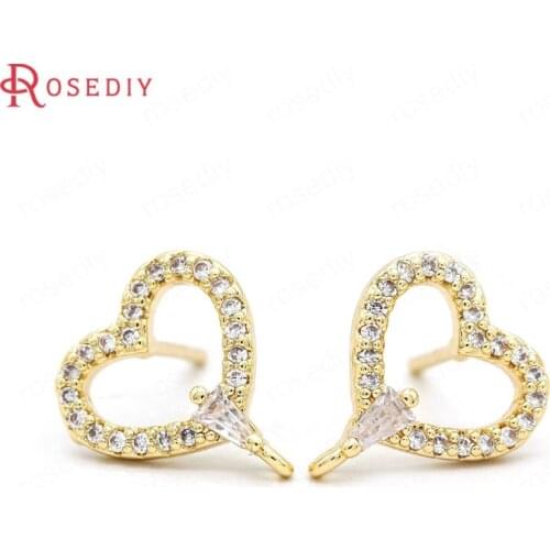 39442)4PCS 24K Gold Color Brass and Zircon Heart Stud Earrings Pins Earrings Jewelry Making Supplies Diy Findings Accessories
