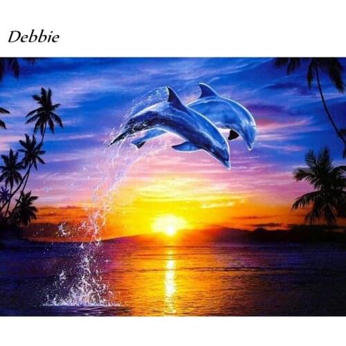 DIY 5D Diamond Painting Mosaic Scenic Sunset and Dolphins Handmade Diamond Cross Stitch Set Diamond Embroidery