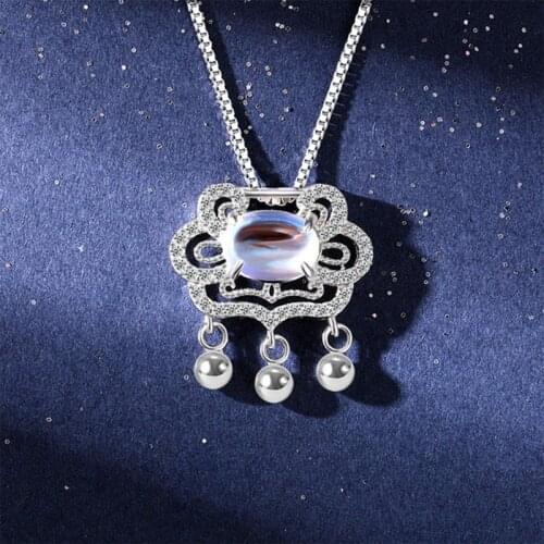 Ping An Ruyi Lock Chain Necklace 925 Silver Jewelry Women Sky Blue Moonstone Pray Long Life Lock Tassel Pendant Necklaces