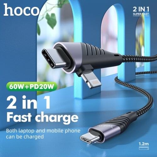 Hoco 2in1 60W USB C To USB Type C Cable for iPhone Cable PD Fast Charging Support Notebook Charger for iPhone 12 11 Max Macbook