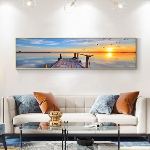 Sunset By The Lake Bridge Oil Painting on Canvas Posters and Prints Picture Scandinavian Wall Art Picture for living room