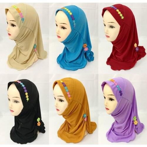 Kids Girls Muslim Beautiful Hijab Islamic Arab Scarf Shawls Flower Pattern Ramadan