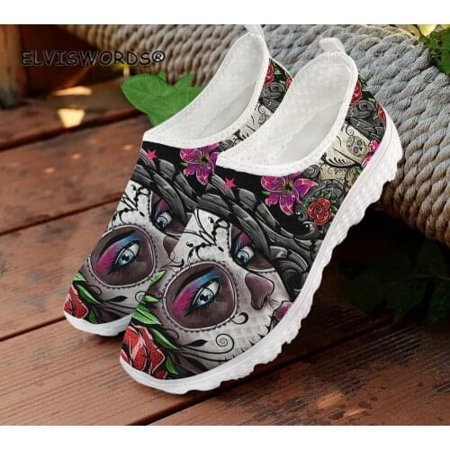 ELVISWORDS Skull Day of the Dead Black Womens Sneakers Casual Summer Ladies Air Mesh Comfortable Women Gothic Girls Flats Shoes
