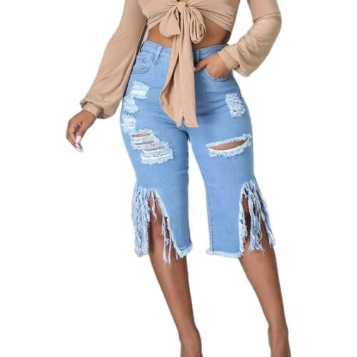 New Perforated Elastic Tassel Hole Knee Length Jeans Womens Pants Boyfriend Ripped Plus Size Denim Jeans For Women