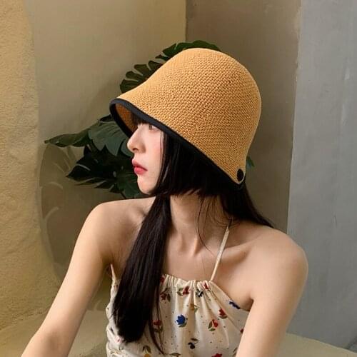 2021 New Summer Women Hand Woven Straw Cap Korean Back Split Solid Bucket Hat Panama Designer Beach Sun Protection Hats Uv Caps
