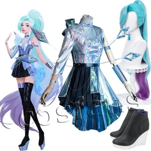 Game LOL Seraphine Cosplay Wigs LOL Cosplay KDA Seraphine Blue Purple Pink Long Gradient Heat Resistant Synthetic Hair Shoes