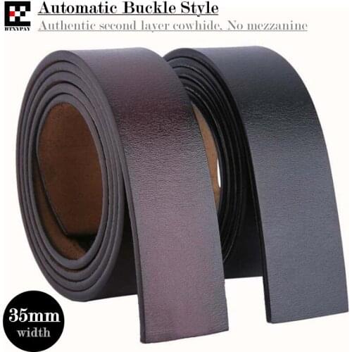 Authentic 3.5cm Width Men Genuine Leather Belts,Second Layer Cowhide Automatic Buckle Waistband,without Belt Buckle 125cm Length