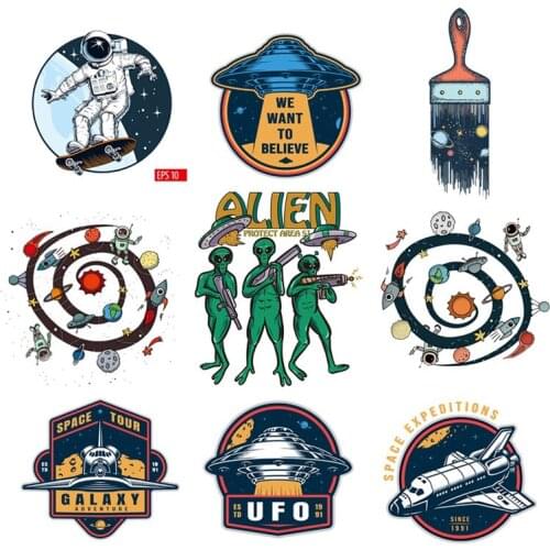 Thermo-Sticker UFO Alien Heat Transfer Clothing Jeans Jacket Cowboy T-shrit Stripes Badge Fashion Transfer Iron-On Clothes Decor