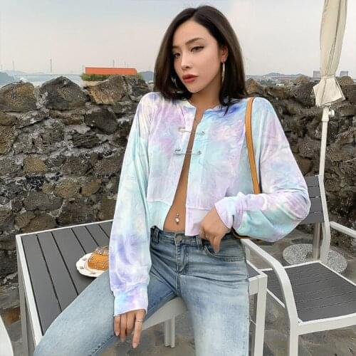 Women Autumn Long Sleeve Velvet Baseball Coat Gradient Tie-Dye Print Open Front Jacket with Pin Clip Casual Loose Short Outwear