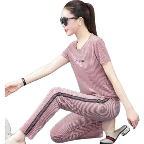 Gold Velvet Ladies Suit Female 2021Summer New Style Fashion Round Neck Short Sleeve Sportswear Leisure Womens Two-Piece Suit