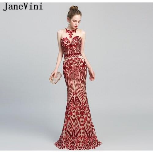 JaneVini Bling-Bling Sequined Red Long Evening Dresses Sexy Mermaid Red Carpet Dress Women Formal Party Gowns Abend Kleider 2019