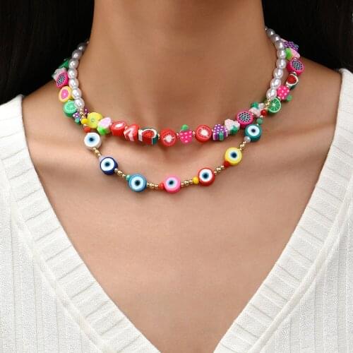 Bohemian Colorful Polymer Clay Fruit Pearl Beaded Necklace Summer Evil Eye Butterfly Choker Necklace for Women Beach Jewelry