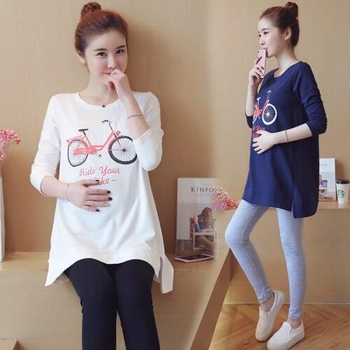 1008# Maternity Clothes Long Sleeves O Neck T Shirt Easy Matching Loose Stylish Tops Pregnant Women Pregnancy Clothes