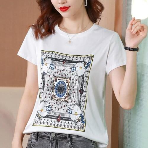 2021The New Summer Satin printing T-shirt Tops Women Short Sleeve Casual O Neck Large size M-3XL tops for women