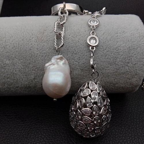 22'' Cultured White Rice Pearl CZ chain Necklace Keshi Pearl cubic zirconia micro pave Teardrop Pendant sweater chain necklace