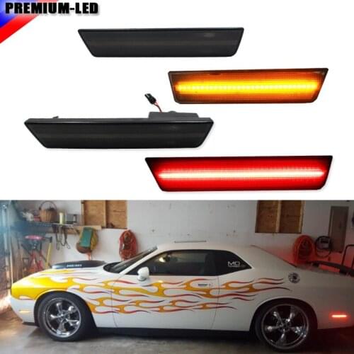 4) Smoked Lens Front & Rear Side Marker Lamps with 120-SMD LED Lights For 08-14 Dodge Challenger (Front: Amber, Rear: Red)