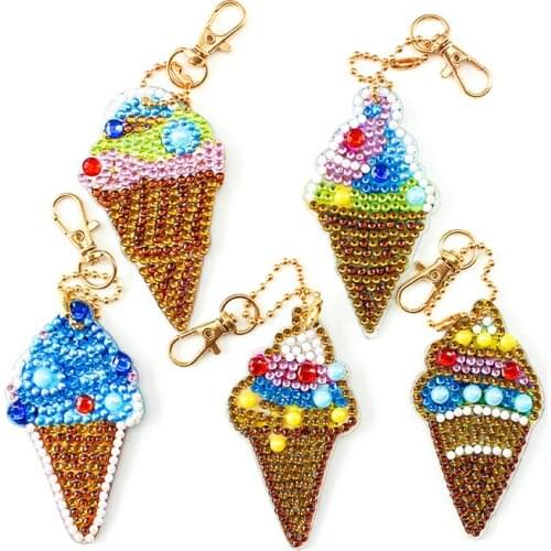 5Pcs DIY 5D Diamond Painting Cartoon Ice Cream Rhinestone Embroidery Keychain Colorful Cake Diamond Embroidery Kit Gift