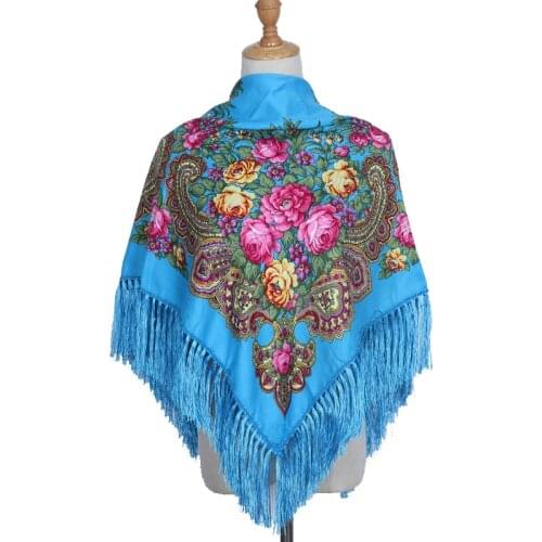 90*90cm Enthic Style Russian Womens Square Scarf Shawl Retro National Fringed Print Scarves Winter Ladies Head Wraps Hijab