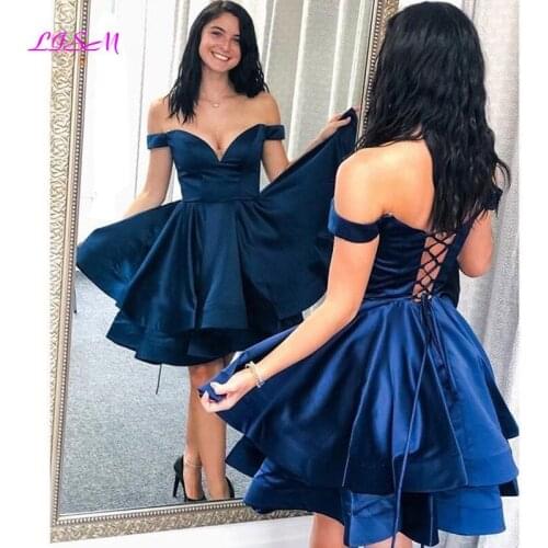 Satin A-Line Homecoming Party Gowns Lace Up Back Formal Party Dress Sexy Off the Shoulder Short Prom Dresses