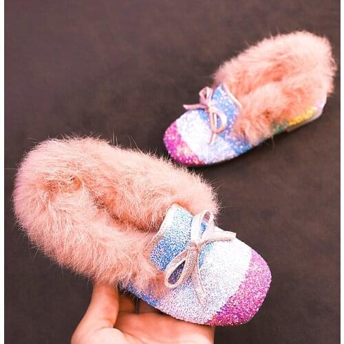 Toddlers Sparkly Loafers Winter Girls Shoes with Fur Kids Birthday Party Plush Flats Shoes Bow Rainbow Black Halloween Christmas
