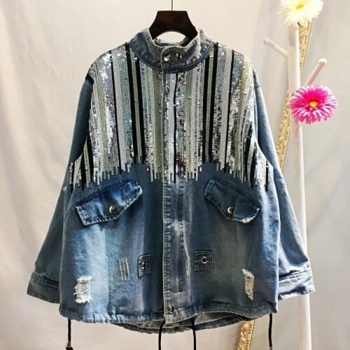 Sequins Denim Jacket Women Bomber Jacket Fashion Long Sleeves Coats Vintage Hippie Jeans Jacket Colete Feminino Y713