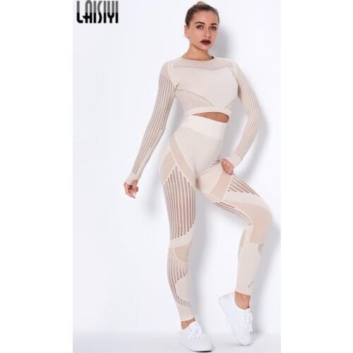 Women Seamless Gym Sets High Waist Gym Mesh Leggings Shirts Suit Long Sleeve Fitness Workout Sports Running Thin Sport Sets
