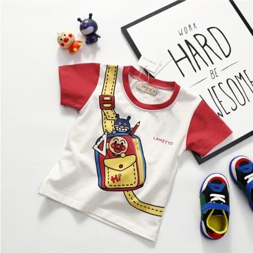 Tonytaobaby Summer Clothes New Boys and Girls Bag Pocket Print Color Red and White Cotton T-shirt