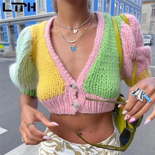 LTPH patchwork coarse yarm women sweaters short sleeve tops knitted cardigan streetwear casual sweater outwear 2021 autumn new