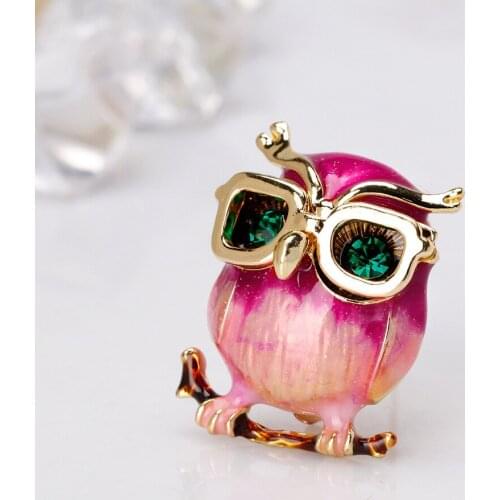 Cute Animal Enameled Red OWL With Glass Brooch Pin for Women