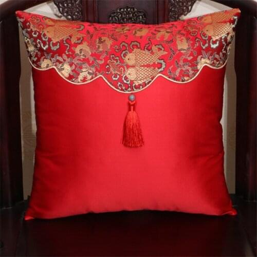 Classical Chinese Style Carp Pattern Cushion Cover Silk Pure Color Waist Pillowcase Decoration for Sofa Car Throw Pillow Cover