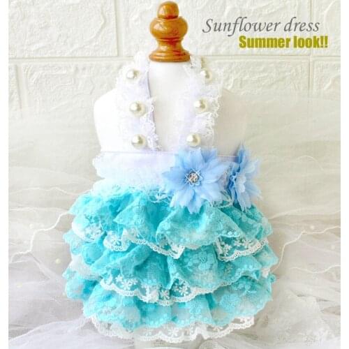 Free Shipping Handmade Dog Clothes Lace Pearls Braces Dog Dress Pet Cat Layered Tiered Skirt Hawaii Poodle Maltese Yorkie