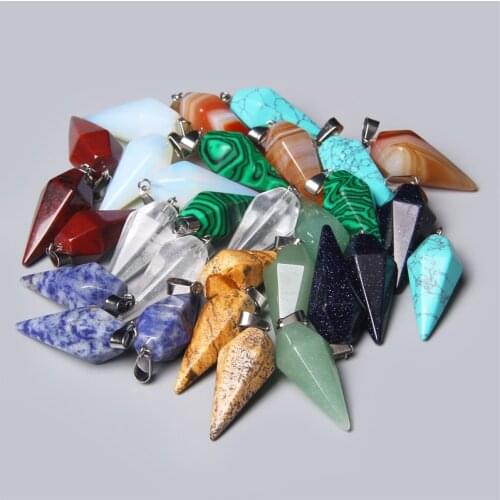 2pcs Natural Healing Crystal Stone Pendant Jewelry Making Necklace Unakite Tiger Eye Pendulum Hexagonal Pyramid Necklace Pendant