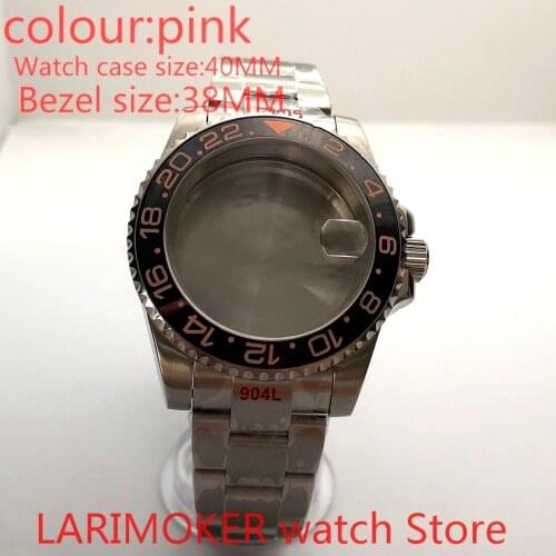 Suitable for NH35 NH36 Mingzhu 40mm sapphire glass 904L stainless steel case sealing bottom cover, with bezel pink