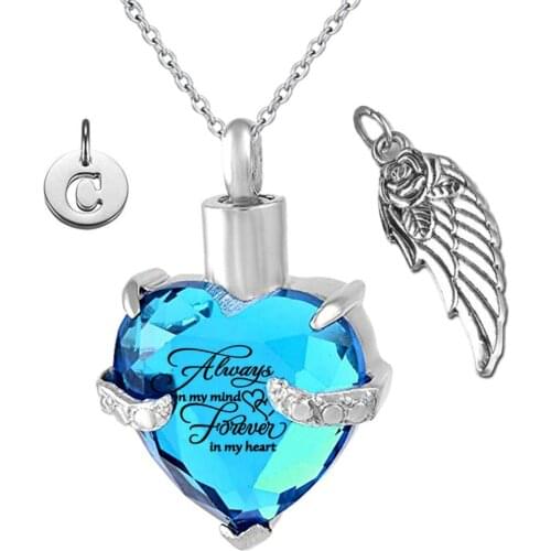 Angel Wings and 26 Letters Pendant Memorial Ashes Urn Pendant March Birthstone Crystal Keepsake Cremation Ashes Urn Jewelry