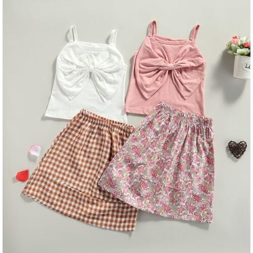 2021 1-6Y Kids Girl Casual Clothes Set Bow Solid Color Boat Neck Camisole Top+Floral/Plaid Print Elastic Waist Skirt White/ Pink